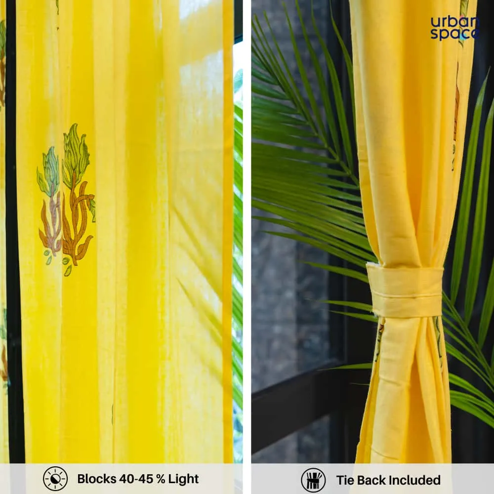 100% MalMal Cotton Curtains, Semi-Transparent with Tab Top, Pack of 2 Curtains - Indian Summer Yellow