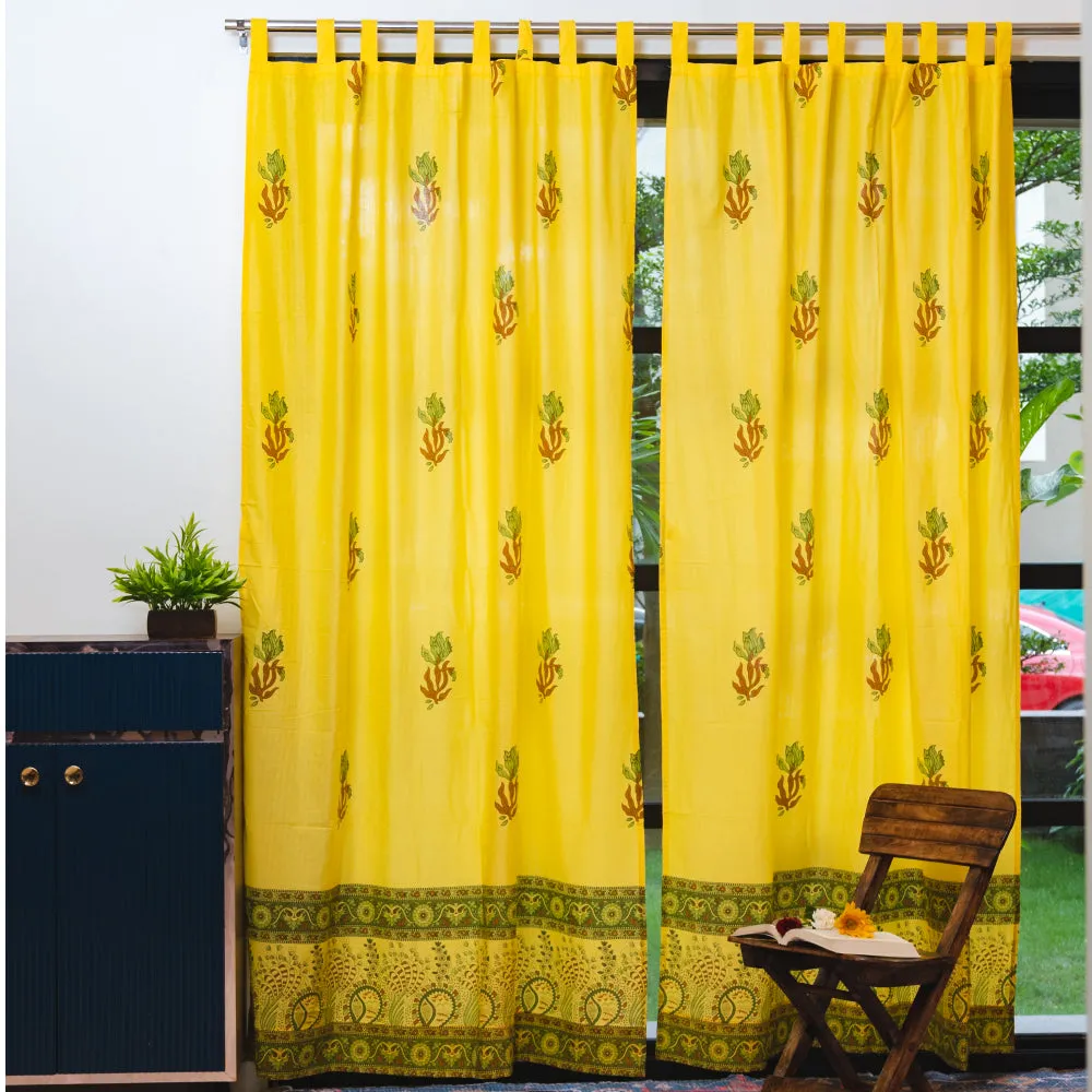 100% MalMal Cotton Curtains, Semi-Transparent with Tab Top, Pack of 2 Curtains - Indian Summer Yellow