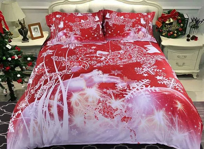 3D Christmas Reindeer and Snowflake Printed Cotton Luxury 4-Piece Red Bedding Sets