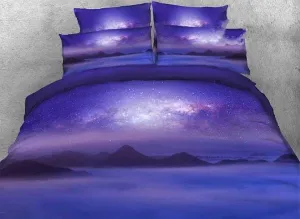 3D Mountain under Galaxy Printed Cotton Luxury 4-Piece Purple Bedding Sets/Duvet Covers