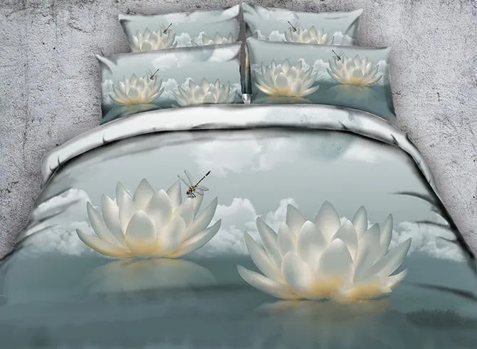 3D White Lotus and Dragonfly Printed Cotton Luxury 4-Piece Bedding Sets/Duvet Covers