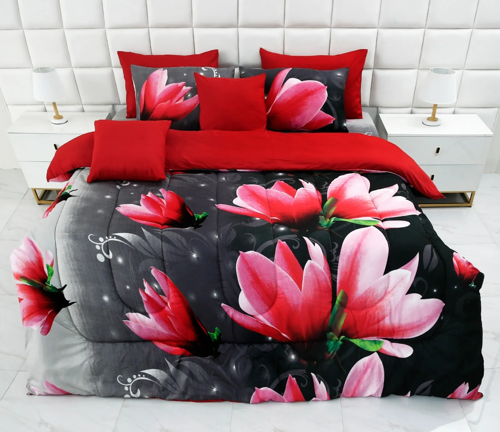 5 PCs Single Comforter Set-15185Pink Lotus