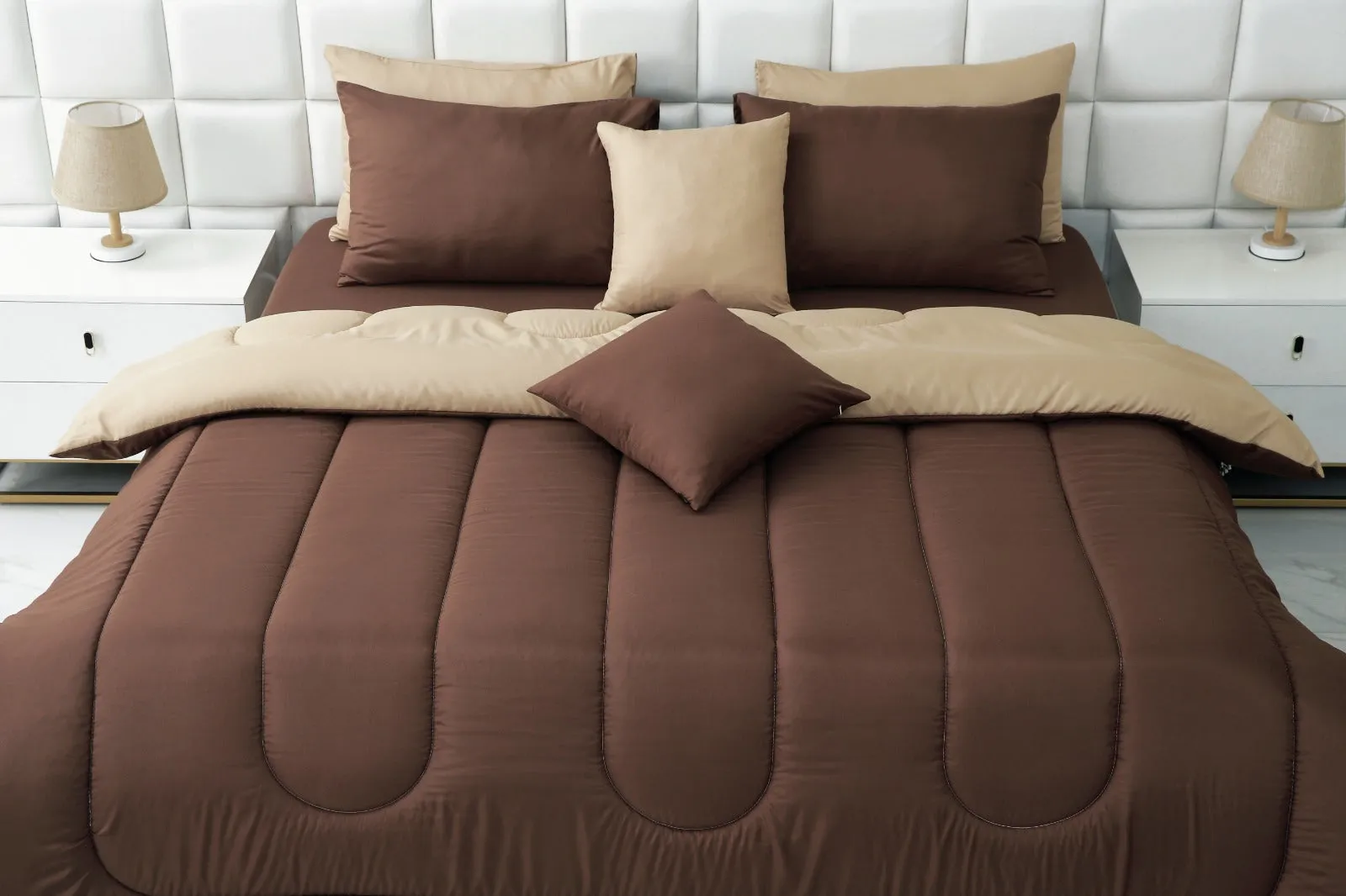 8 PCs Winter Comforter Set-Beige Over Brown