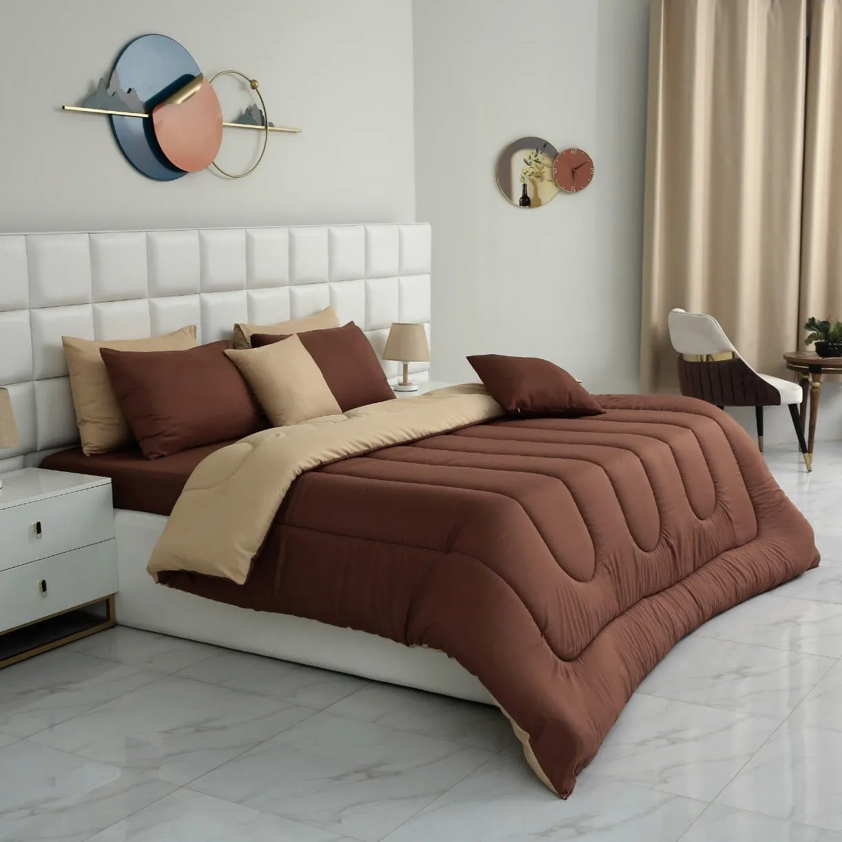 8 PCs Winter Comforter Set-Beige Over Brown