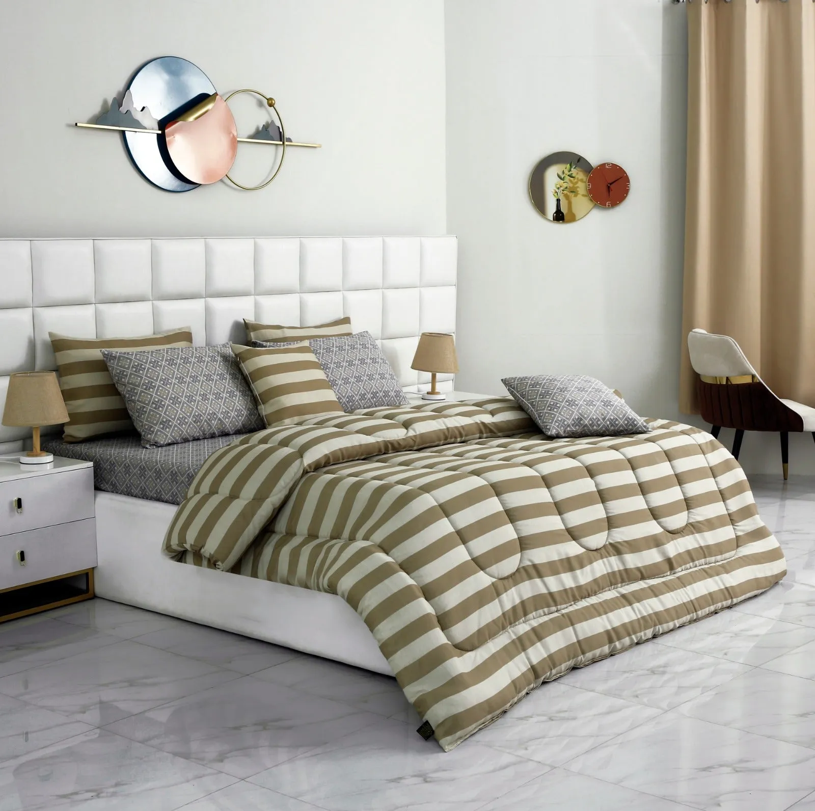 8 PCs Winter Comforter Set-Bold Beige Stripes