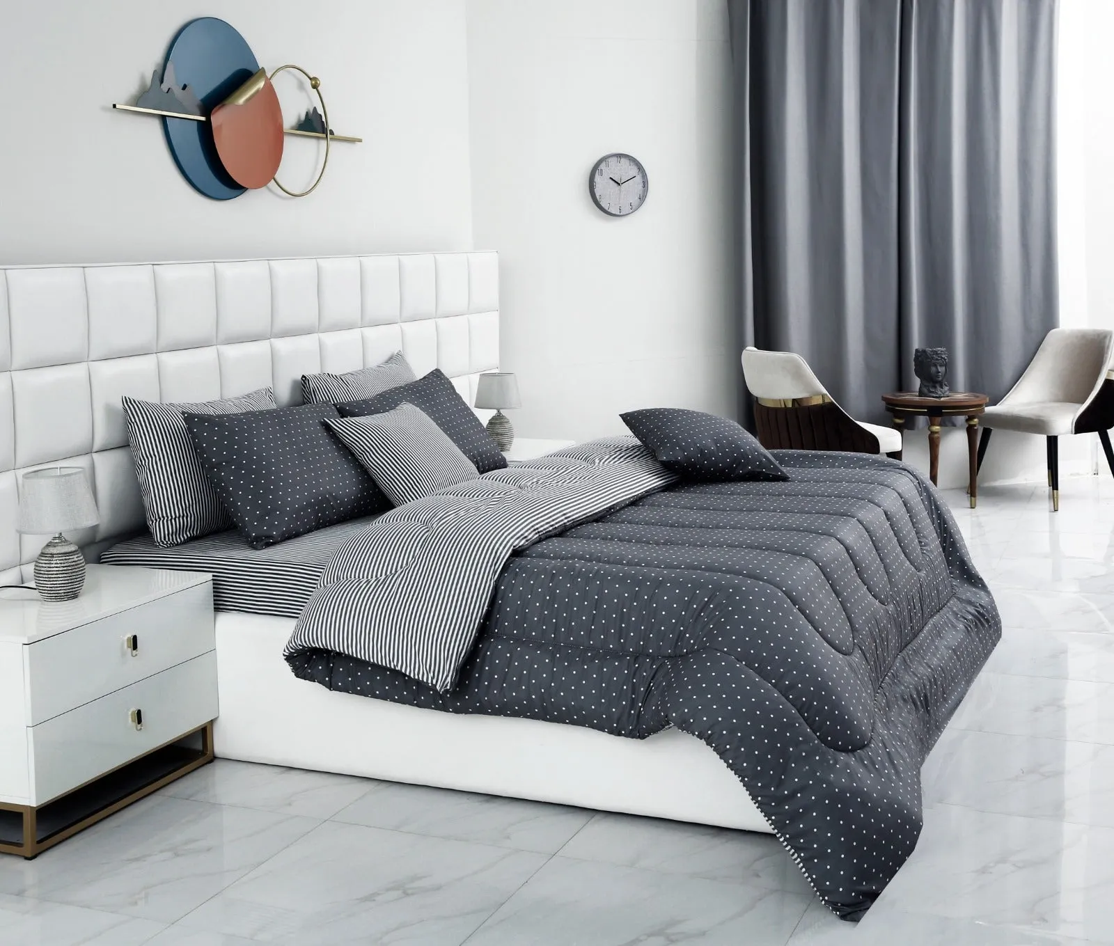 8 PCs Winter Comforter Set-Grey Polka