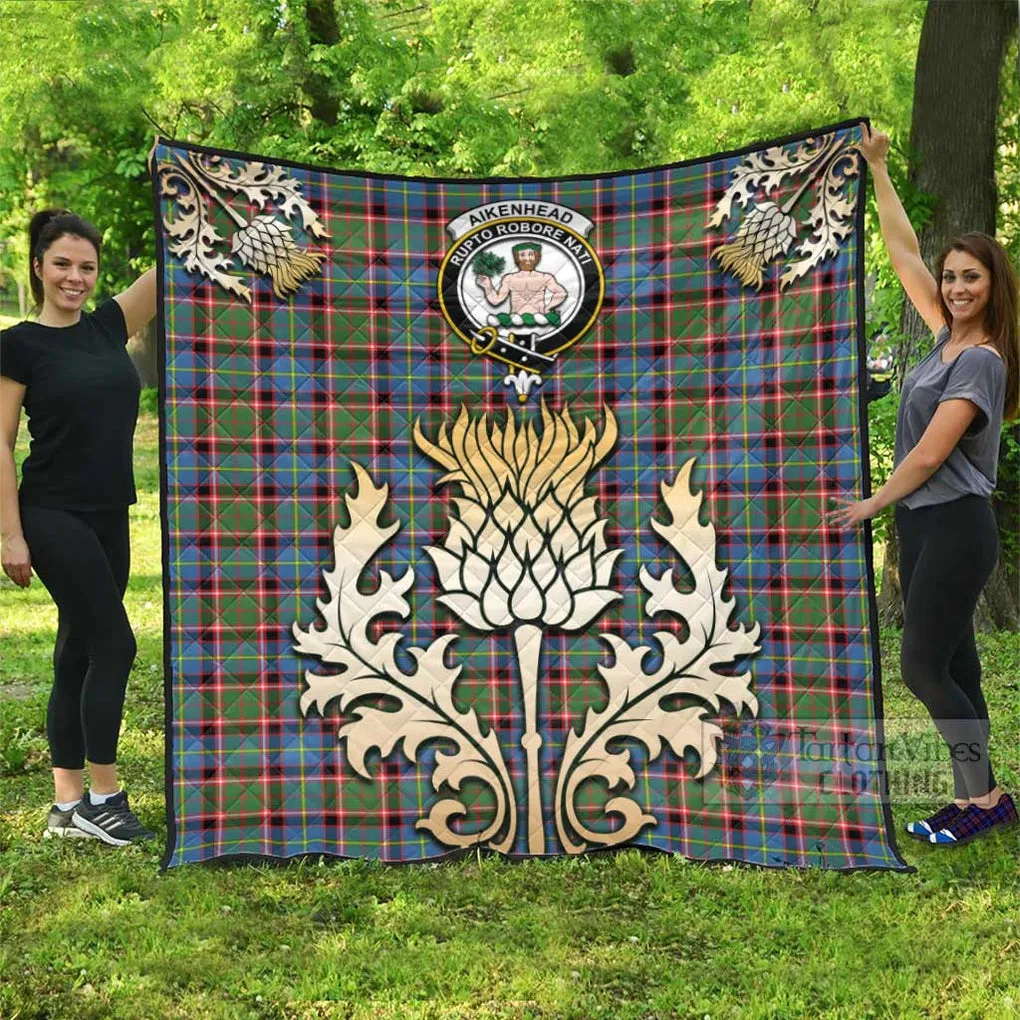 Aikenhead Tartan Quilt with Family Crest and Golden Thistle Style