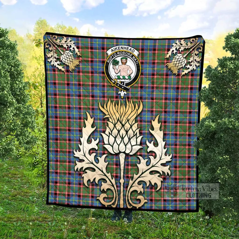 Aikenhead Tartan Quilt with Family Crest and Golden Thistle Style