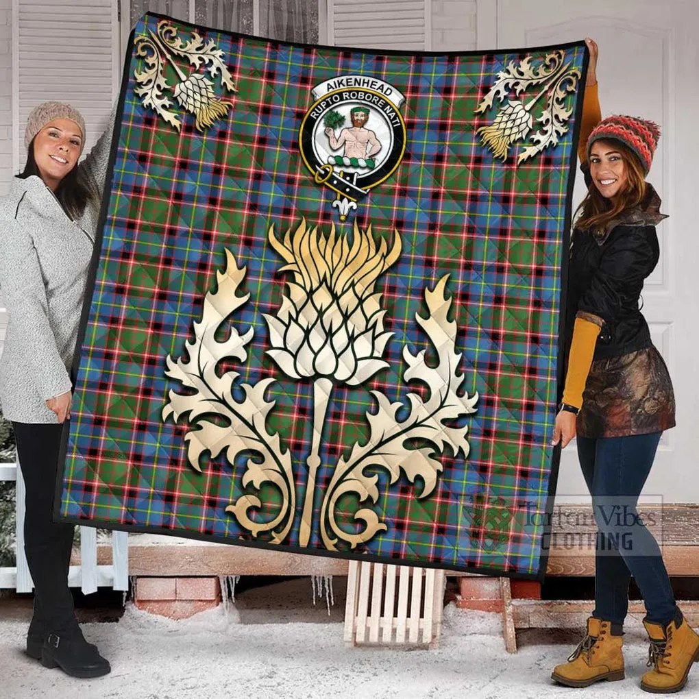 Aikenhead Tartan Quilt with Family Crest and Golden Thistle Style