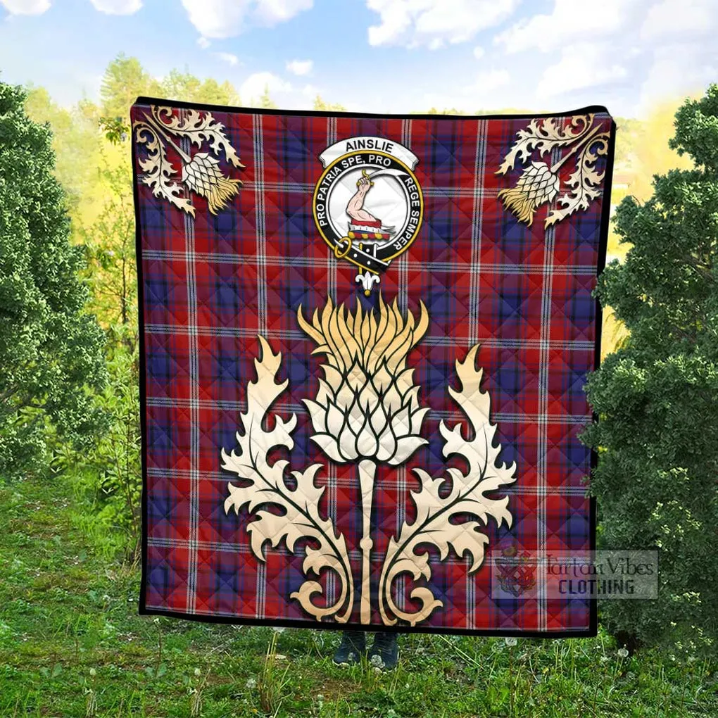 Ainslie Tartan Quilt with Family Crest and Golden Thistle Style