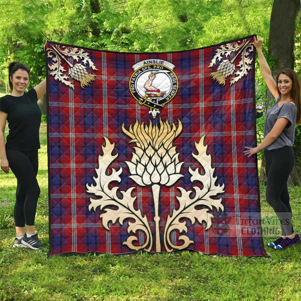 Ainslie Tartan Quilt with Family Crest and Golden Thistle Style