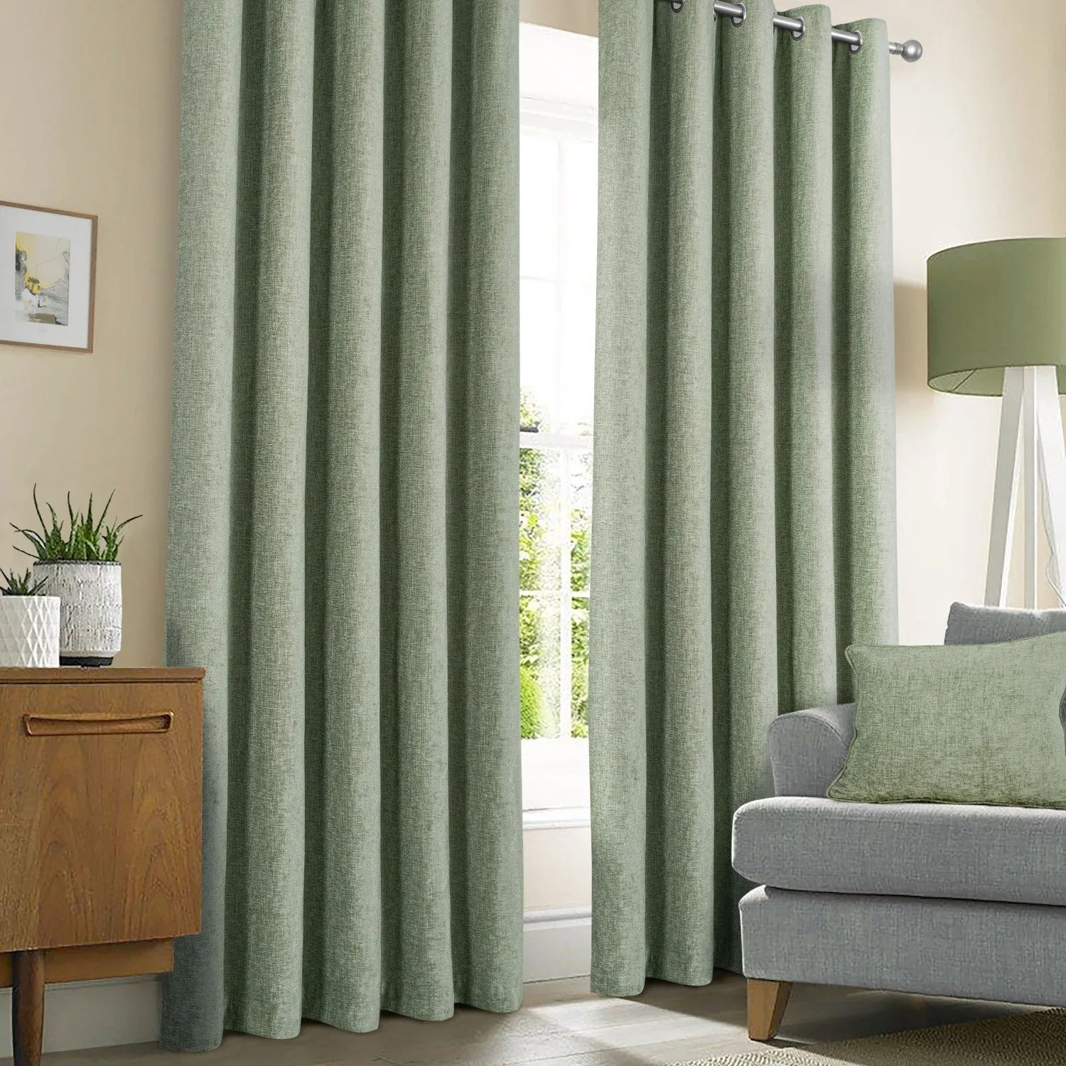 Amberley Sage Chenille Thermal Eyelet Curtains