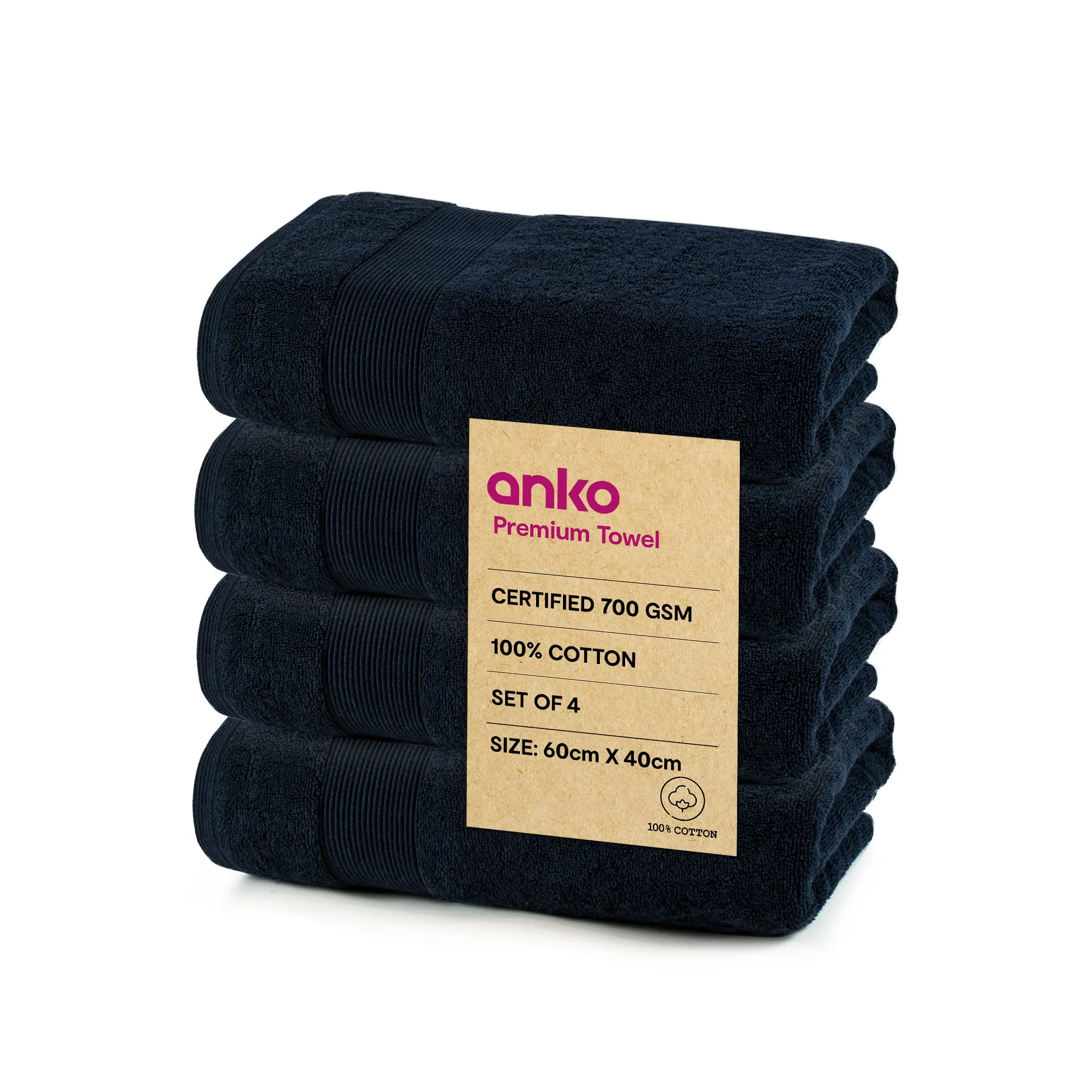 Anko Australia 100% Cotton 700 GSM Plush Hand Towel | Set of 4 | Super-Soft, Absorbent, Quick-Drying | Navy Blue Towel for Men, Women & Kids | 60x40 cm |Travel, Gym, Spa Towel