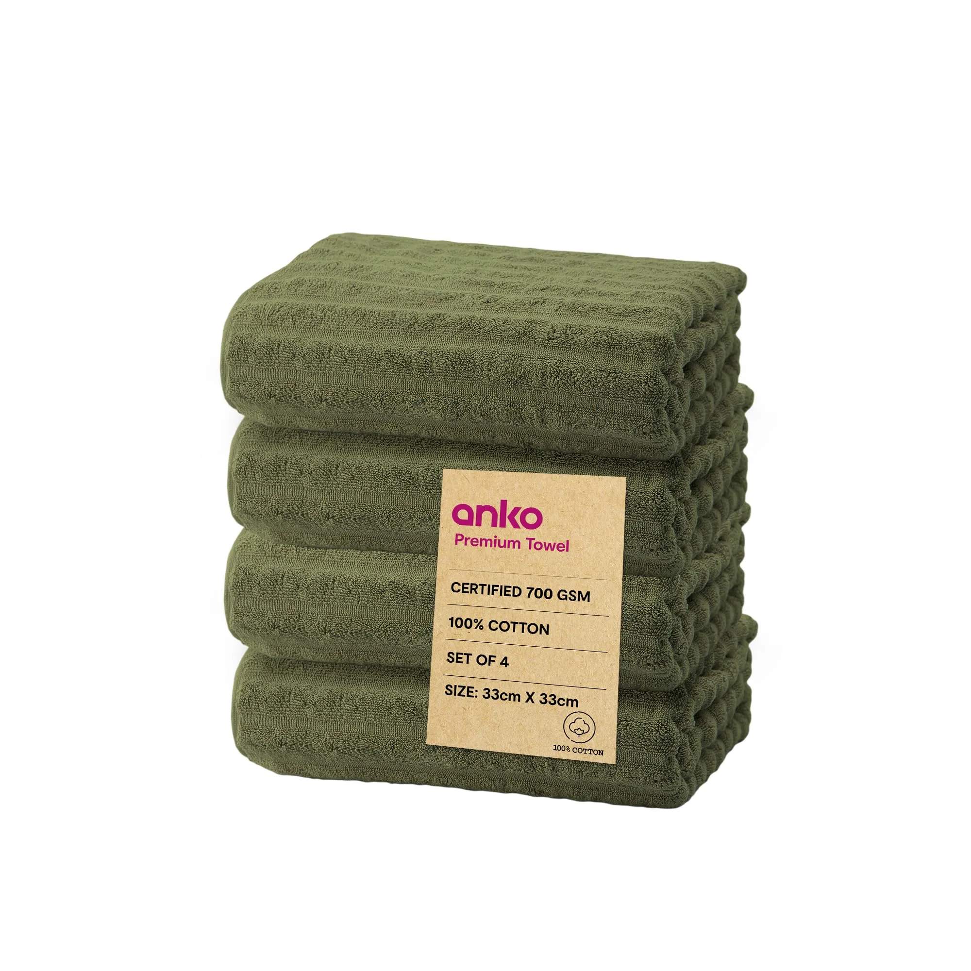 Anko Australia 100% Cotton 700 GSM Ribbed Face Towel | Set of 4 | Super-Soft, Absorbent, Quick-Drying | Olive Green Towel for Men, Women & Kids | 33x33 cm |Travel, Gym, Spa Towel