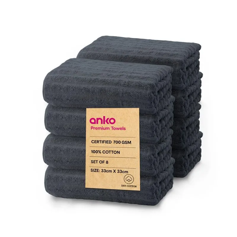 Anko Australia 100% Cotton 700 GSM Ribbed Face Towel | Set of 8 | Super-Soft, Absorbent, Quick-Drying | Dark Grey Towel for Men, Women & Kids | 33x33 cm |Travel, Gym, Spa Towel