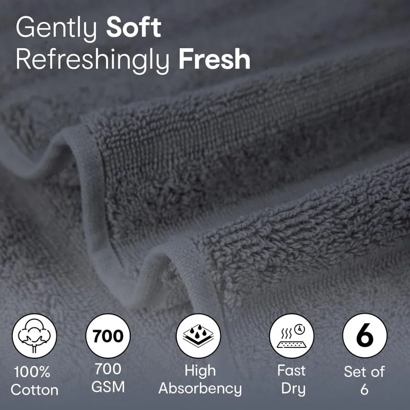 Anko Australia 100% Cotton 700 GSM Ribbed Hand Towel | Set of 6 | Super-Soft, Absorbent, Quick-Drying | Dark Grey Towel for Men, Women & Kids | 60x40 cm |Travel, Gym, Spa Towel