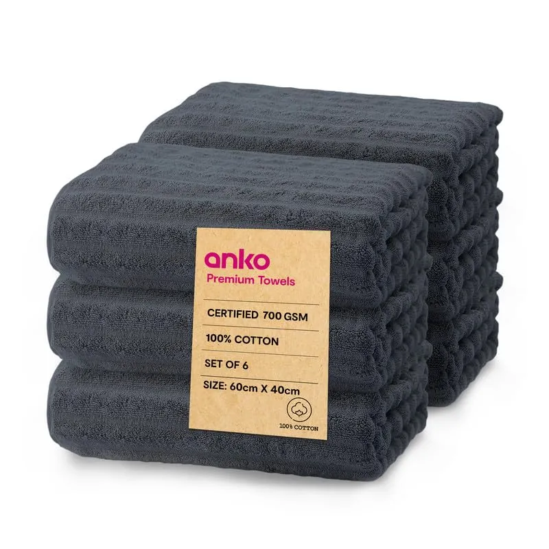 Anko Australia 100% Cotton 700 GSM Ribbed Hand Towel | Set of 6 | Super-Soft, Absorbent, Quick-Drying | Dark Grey Towel for Men, Women & Kids | 60x40 cm |Travel, Gym, Spa Towel