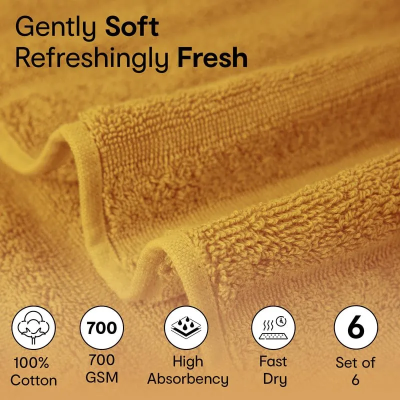 Anko Australia 100% Cotton 700 GSM Ribbed Hand Towel | Set of 6 | Super-Soft, Absorbent, Quick-Drying | Mustard Towel for Men, Women & Kids | 60x40 cm |Travel, Gym, Spa Towel