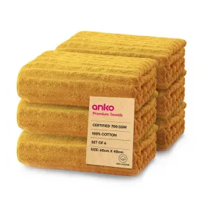 Anko Australia 100% Cotton 700 GSM Ribbed Hand Towel | Set of 6 | Super-Soft, Absorbent, Quick-Drying | Mustard Towel for Men, Women & Kids | 60x40 cm |Travel, Gym, Spa Towel