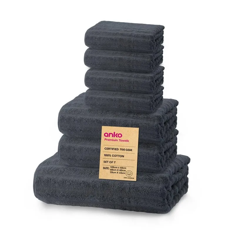 Anko Australia 100% Cotton 700 GSM Ribbed Towel Set | 1 Bath Towel, 2 Hand Towels, 4 Face Towels | Super-Soft, Absorbent, Quick-Drying | Dark Grey Cotton Towels for Bath, Travel & Gym |