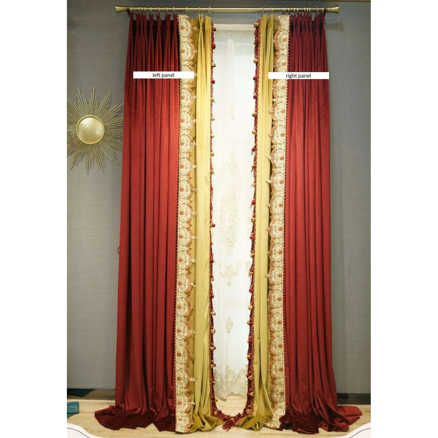 Annapolis French Designer Velvet Fringe Curtain - Red and Yellow