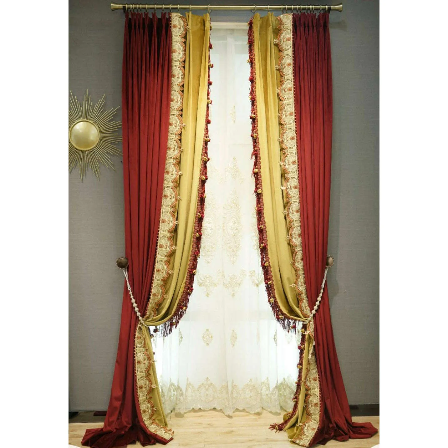 Annapolis French Designer Velvet Fringe Curtain - Red and Yellow