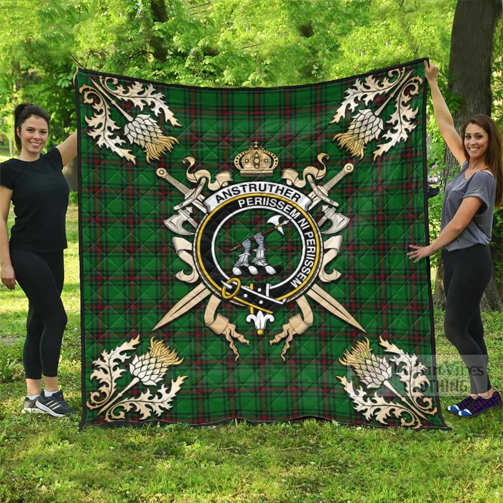 Anstruther Tartan Quilt with Family Crest and Scottish Golden Courage Shield