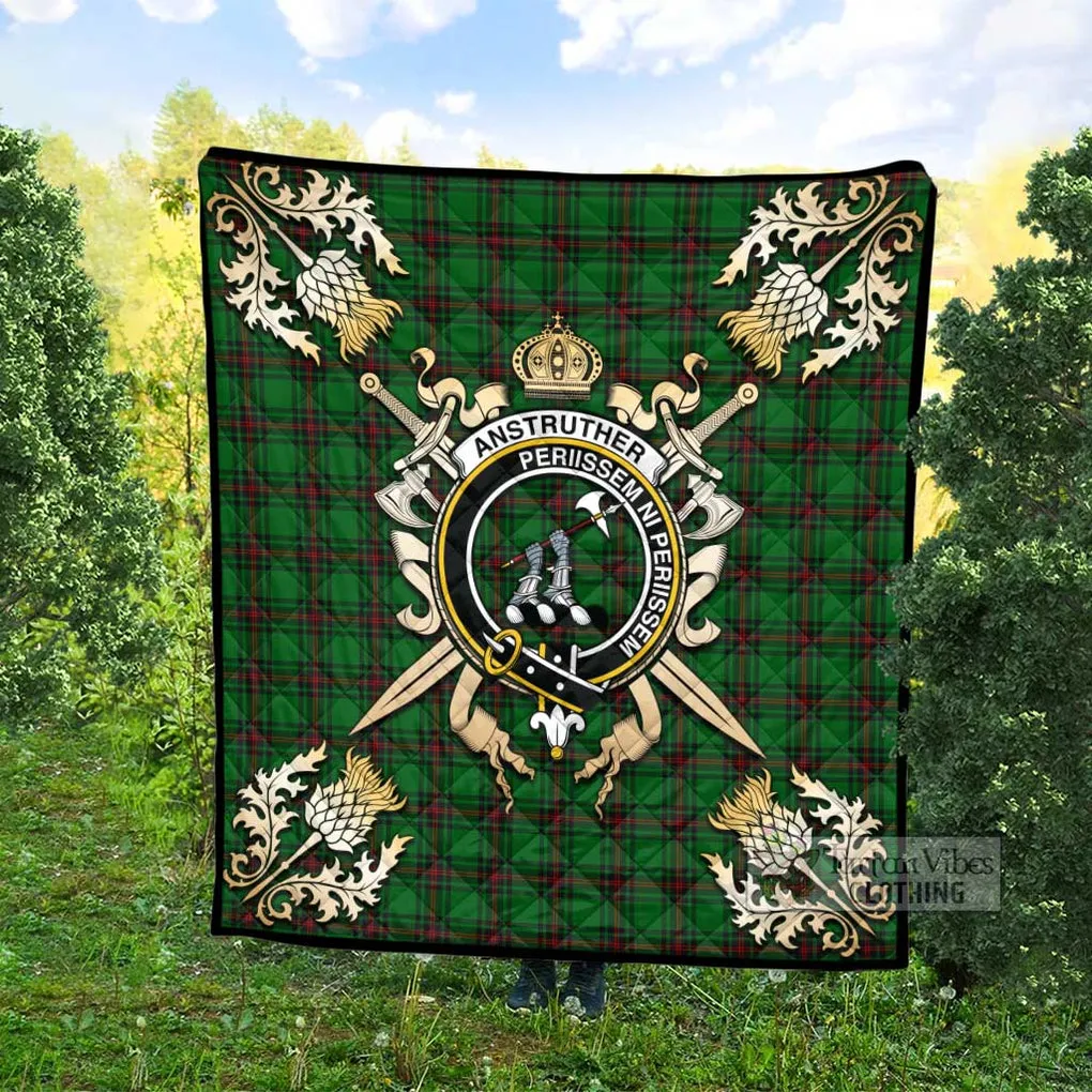 Anstruther Tartan Quilt with Family Crest and Scottish Golden Courage Shield