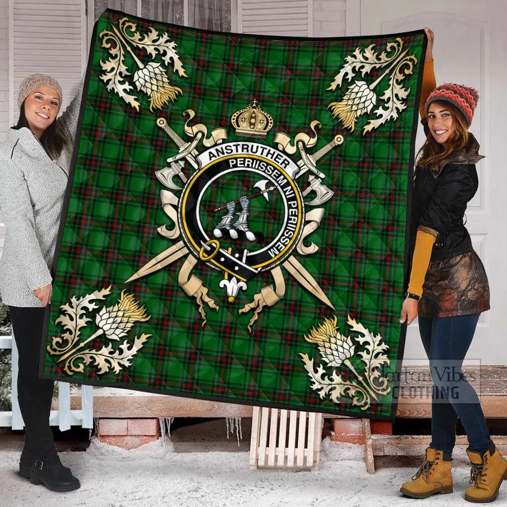 Anstruther Tartan Quilt with Family Crest and Scottish Golden Courage Shield