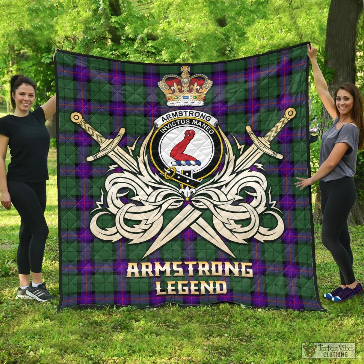 Armstrong Modern Tartan Quilt with Clan Crest and the Golden Sword of Courageous Legacy