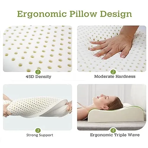 AVI 100% Natural Contour Latex Pillow 35 Density Ultra Plush Latex Foam Bed Pillow for Sleeping, Side and Stomach Sleepers- with Inner Cotton Cover, Pack of 1, White, 60x40x12/10 CM