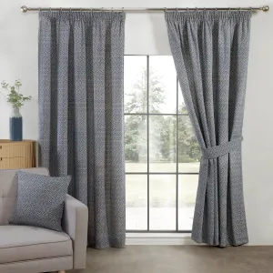 Aztec Navy Blue Pencil Pleat Curtains