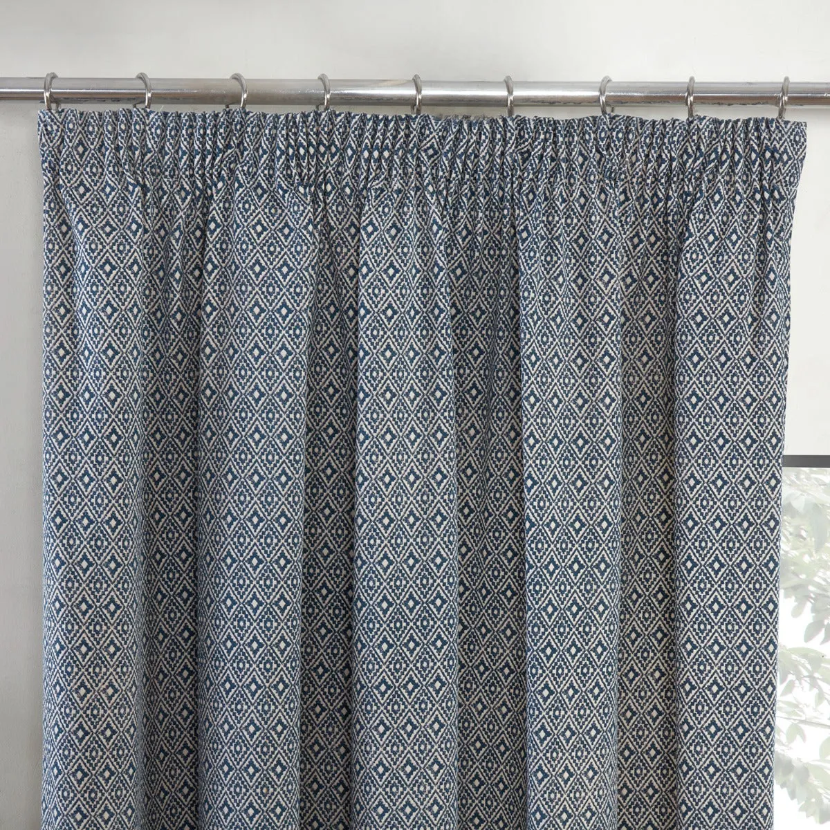 Aztec Navy Blue Pencil Pleat Curtains