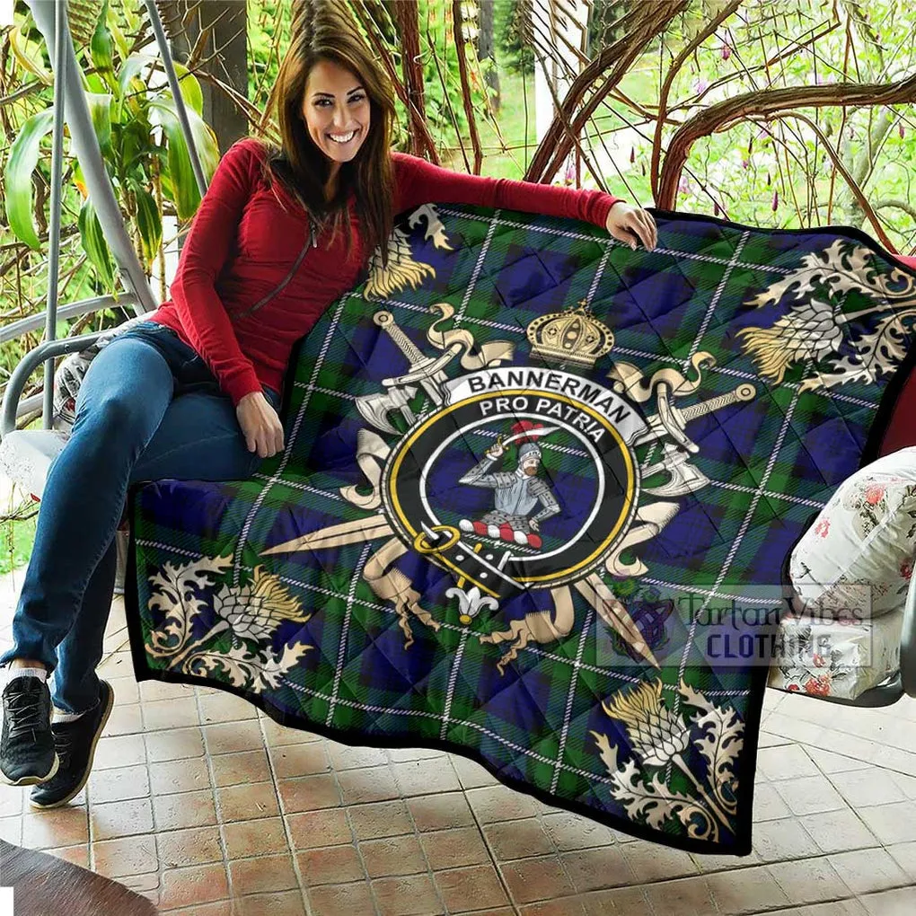 Bannerman Tartan Quilt with Family Crest and Scottish Golden Courage Shield