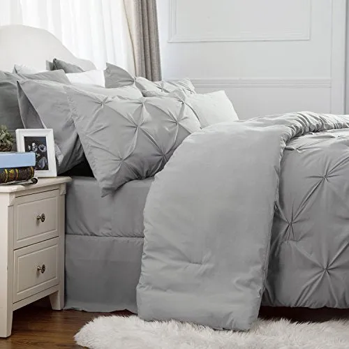 Bedsure Queen Comforter Set - Bed in a Bag Queen 7 Pieces, Pintuck Bedding Sets Grey Bed Set with Comforter, Sheets, Pillowcases & Shams