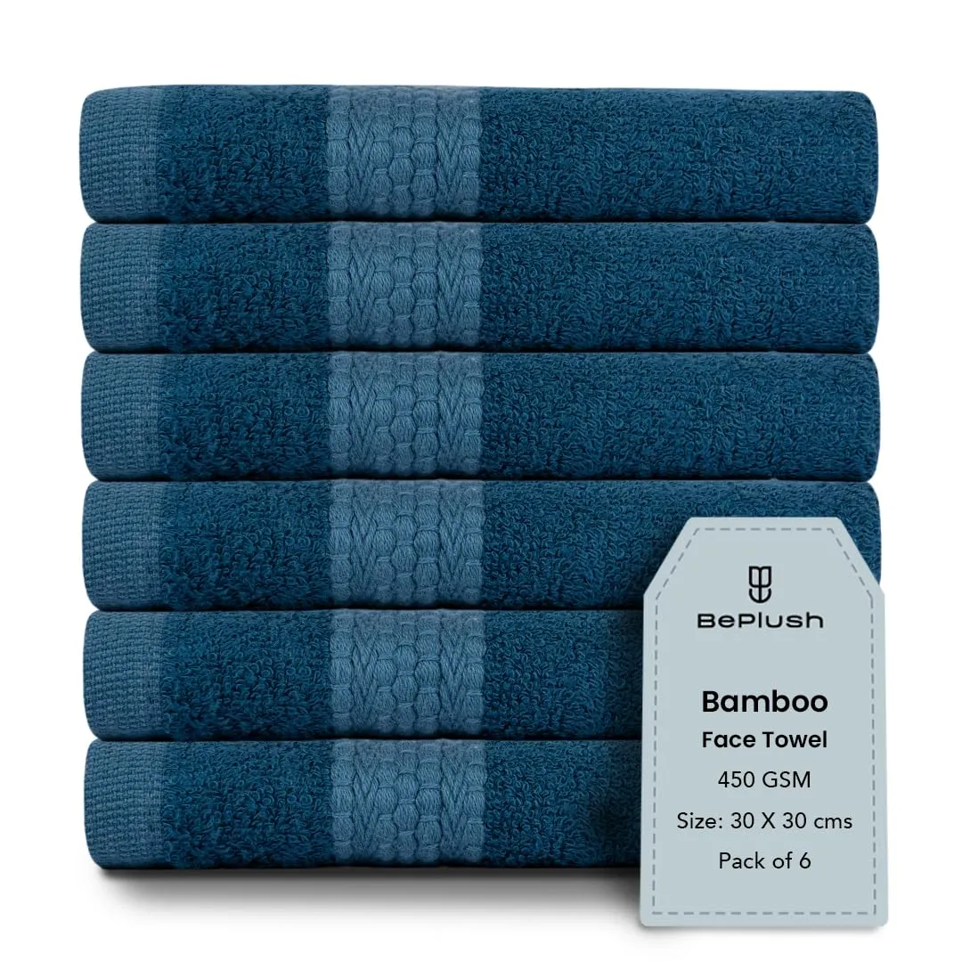 BePlush 450 GSM Bamboo Face Towel Set of 6 | Ultra Soft, Absorbent, & Quick Dry Towels for Gym, Travel | Suitable for Sensitive Skin, Anti Bacterial Napkins for Face | 30 * 30 Cms (6, Sky Blue)