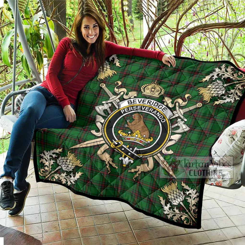 Beveridge Tartan Quilt with Family Crest and Scottish Golden Courage Shield