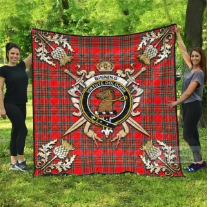 Binning Tartan Quilt with Family Crest and Scottish Golden Courage Shield