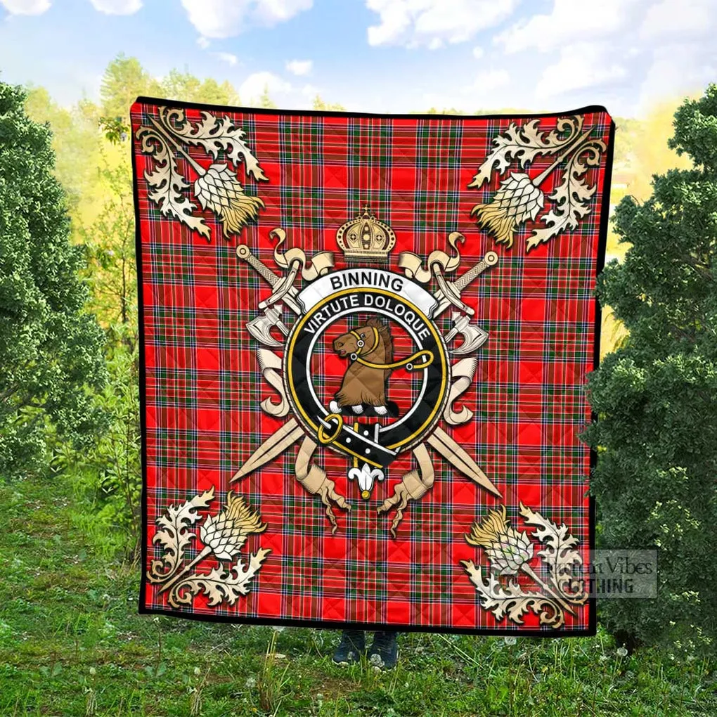 Binning Tartan Quilt with Family Crest and Scottish Golden Courage Shield