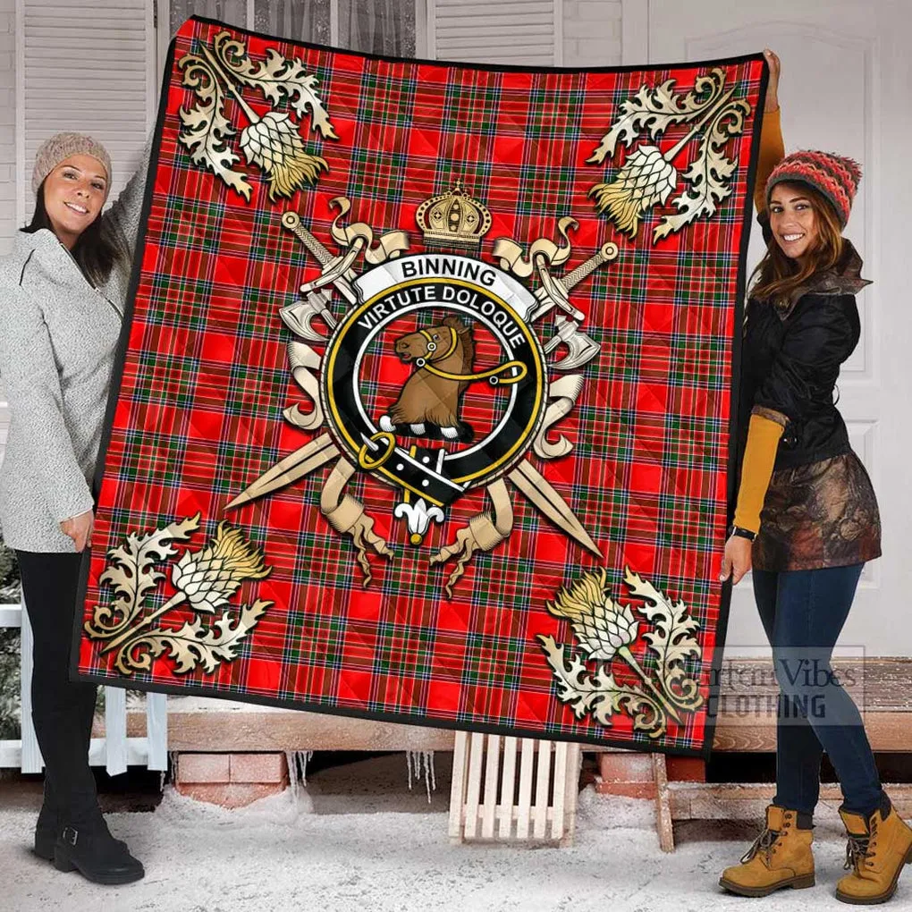 Binning Tartan Quilt with Family Crest and Scottish Golden Courage Shield