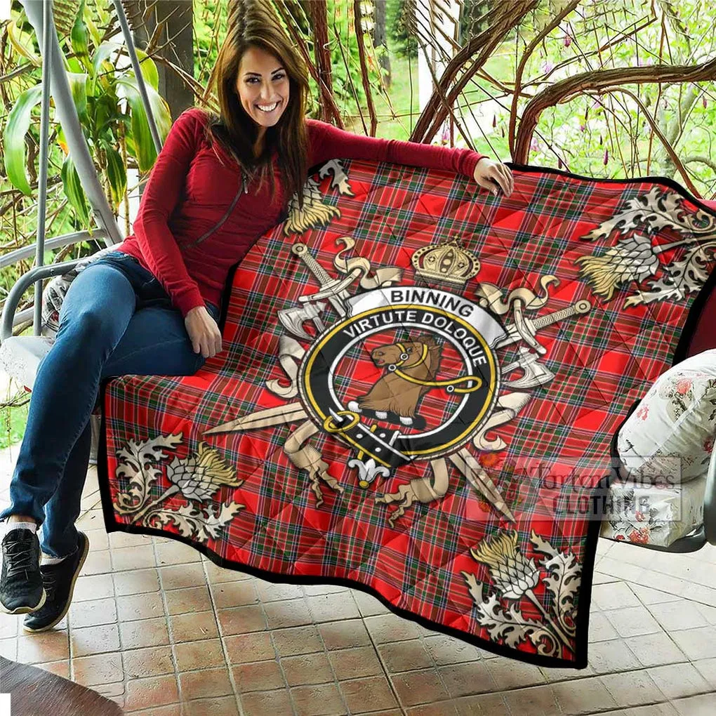 Binning Tartan Quilt with Family Crest and Scottish Golden Courage Shield