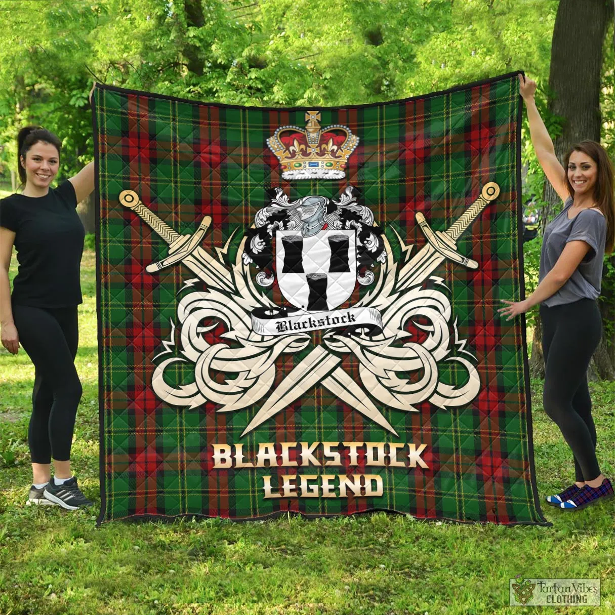 Blackstock Hunting Tartan Quilt with Clan Crest and the Golden Sword of Courageous Legacy