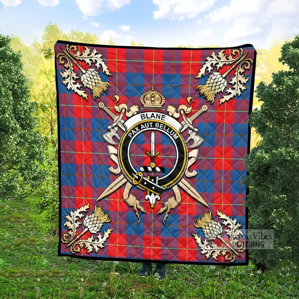 Blane Tartan Quilt with Family Crest and Scottish Golden Courage Shield