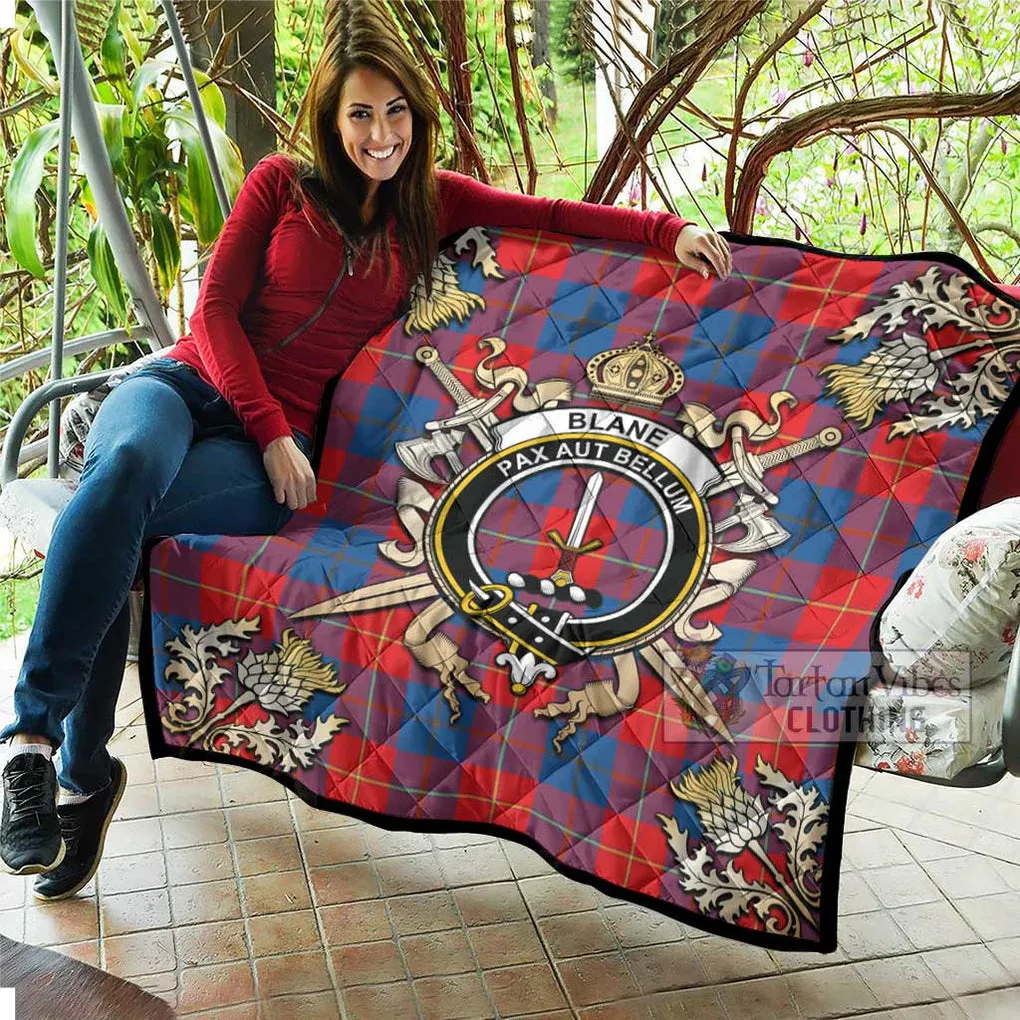 Blane Tartan Quilt with Family Crest and Scottish Golden Courage Shield