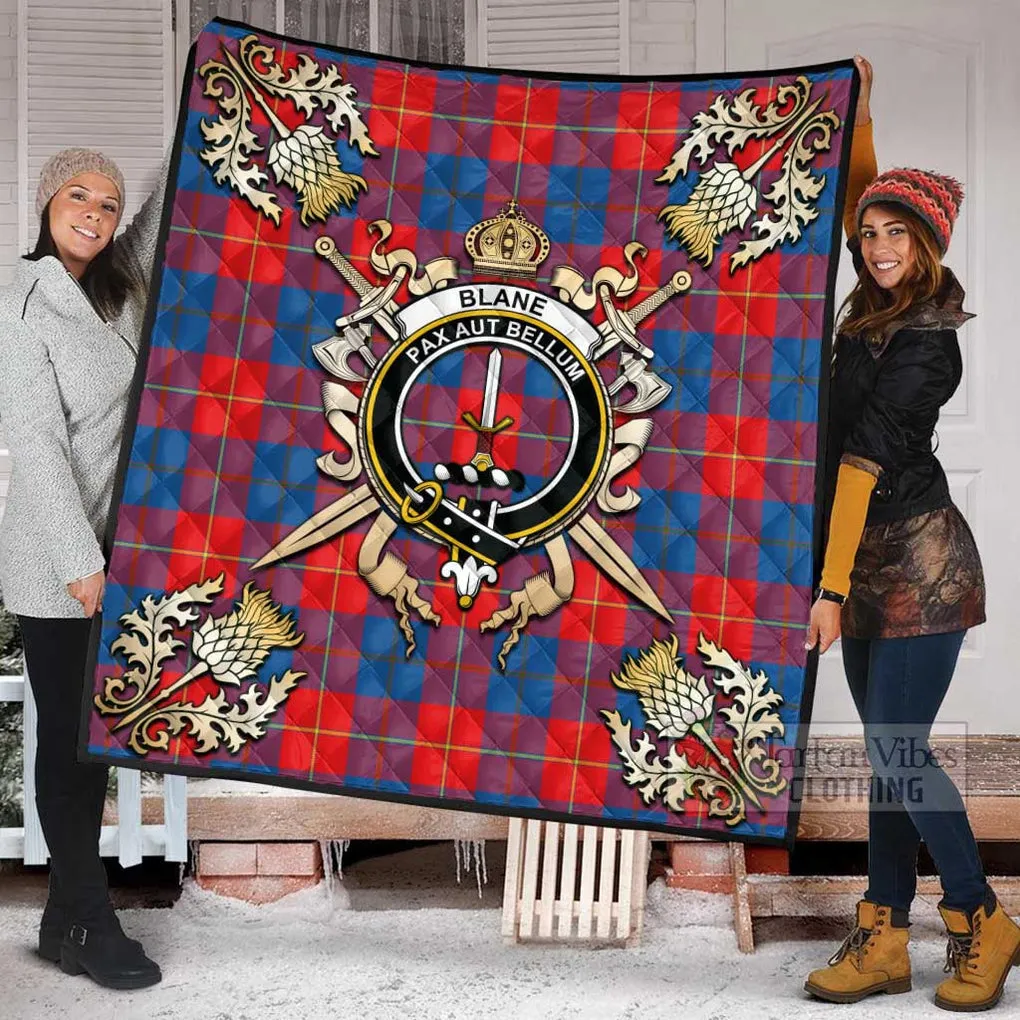 Blane Tartan Quilt with Family Crest and Scottish Golden Courage Shield