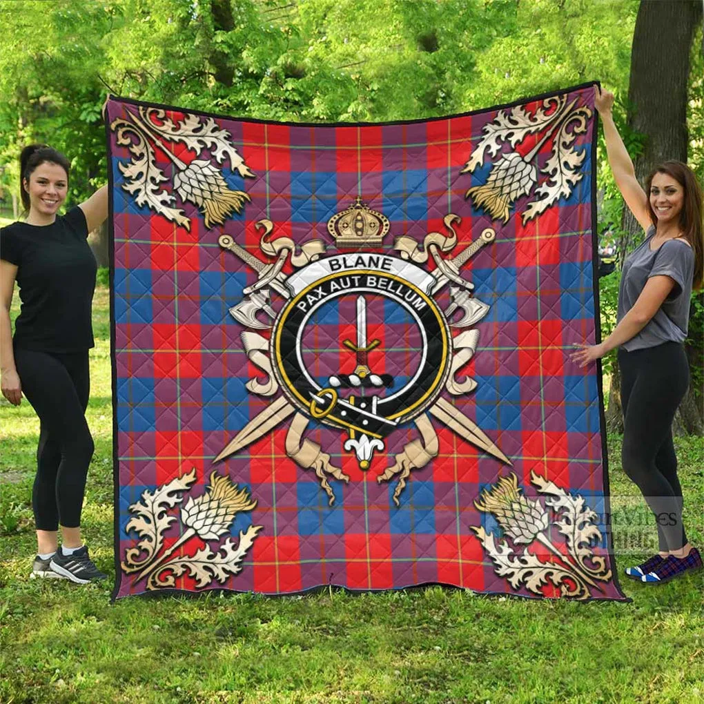 Blane Tartan Quilt with Family Crest and Scottish Golden Courage Shield