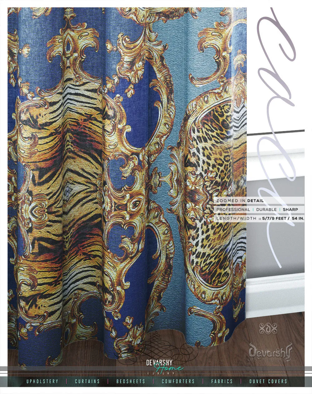 Blue Animal Print PREMIUM Curtain. 12 Fabric Options. Made to Order. Heavy And Sheer.  100328