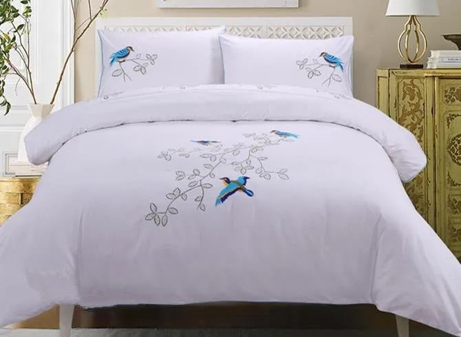 Blue Bird Printed Handmade Embroidery Cotton Luxury 4-Piece Bedding Set/Duvet Cover