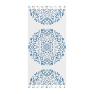 Boho Beach Cloth with Mandala Design - Steel Blue - Original Fine Art Hand-Drawn - White