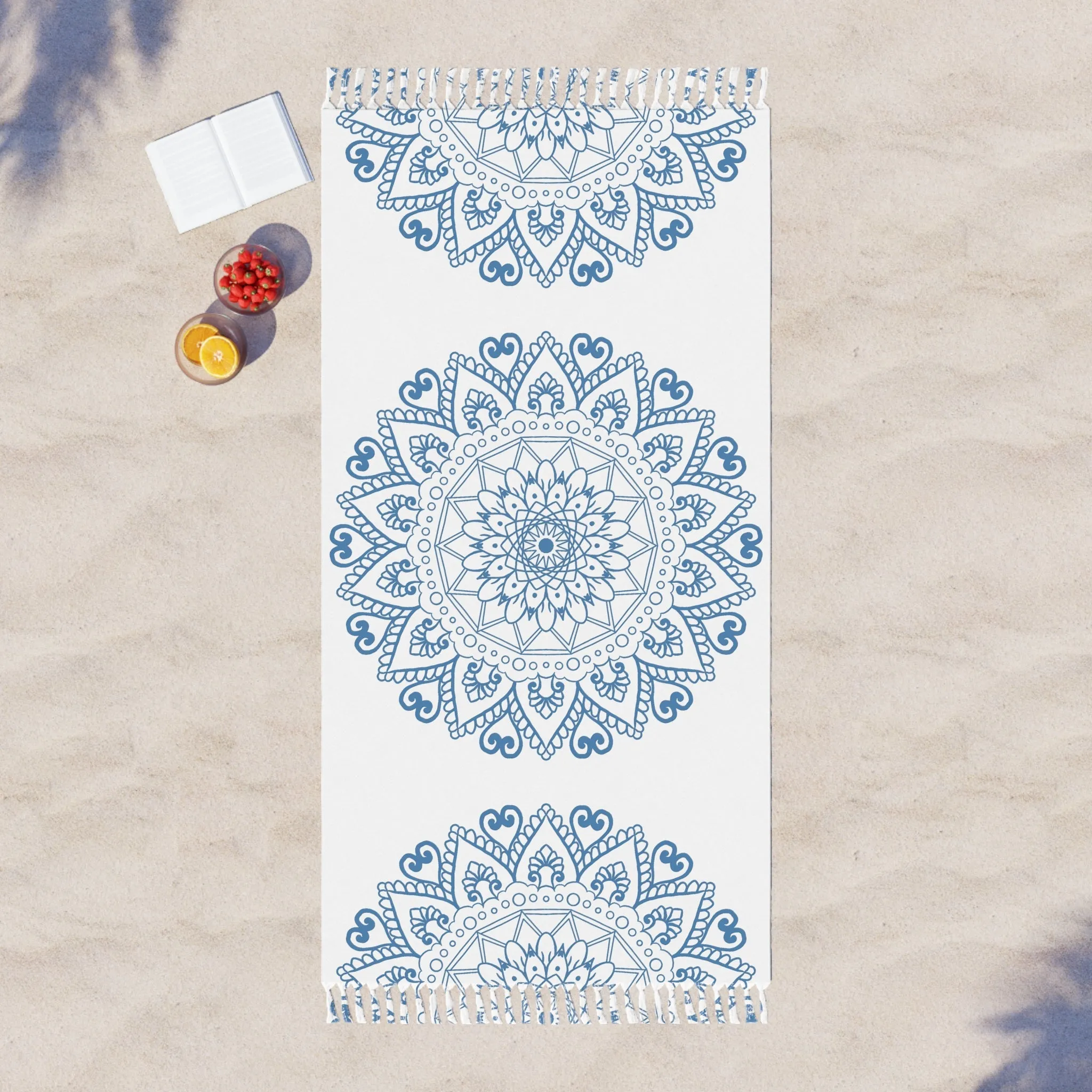 Boho Beach Cloth with Mandala Design - Steel Blue - Original Fine Art Hand-Drawn - White